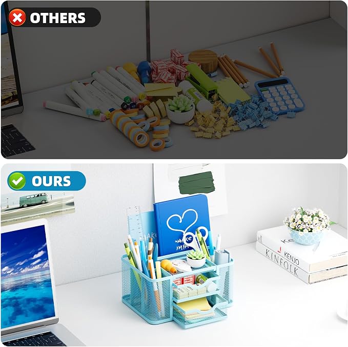 Marbrasse Mesh Desk Organizer, Pen Organizer with 2 Drawer, Multi-Functional Pencil Holder, Desk Organizers and Accessories with 5 Compartments + Drawer for Office Art Supplies (Blue) - Image 7