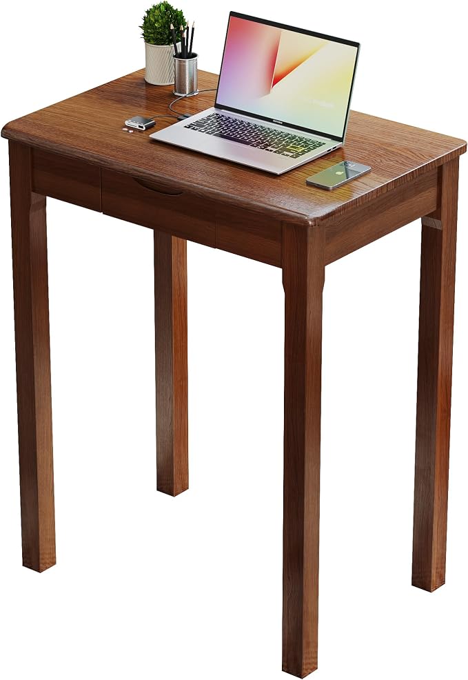 Wood Desk with Drawers - Solid Wood Mid Century Modern Desks for Bedroom, Small Computer Desk for Laptop, Study, Makeup, 23.6 W x 29.5 H x 15.7 D in, Walnut Color - Image 8