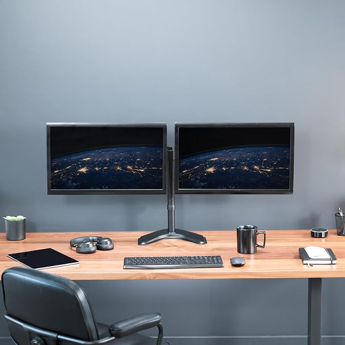 VIVO STAND-V002F Dual LED LCD Monitor Free-Standing Desk Stand for 2 Screens up to 27 Inch Heavy-Duty Fully Adjustable Arms with Max VESA 100x100mm - Image 9