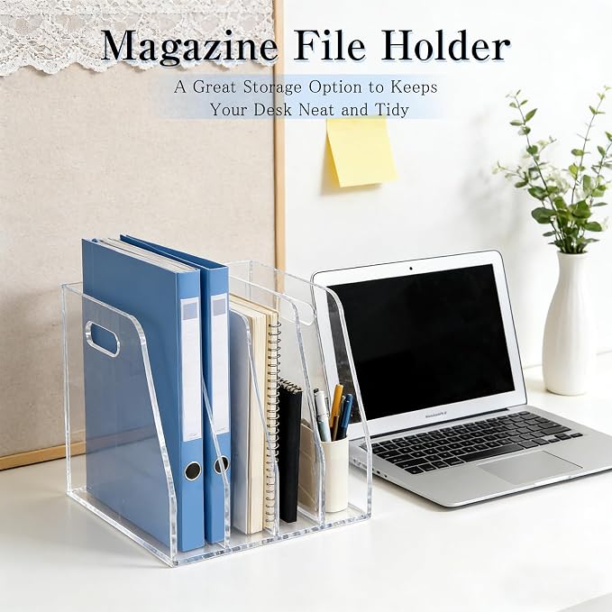 4-Tier Clear Acrylic File Holder, Vertical Document Organizer for Magazines, Binders, Notebooks & Envelopes - Multi-Purpose Desk Storage for Home Office（B5,4 Sections） - Image 4