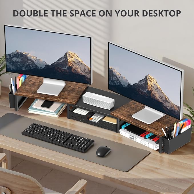 OPNICE Desk Organizers and Accessories, Dual Monitor Stand Riser with Drawer and 2 Pen Holders, Desk Shelf Wood Computer Racks for Office Workspace Organizers, Desktop Organization (Rustic Brown) - Image 3