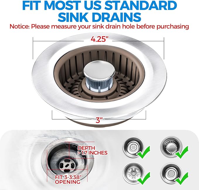 zaa 3 in 1 Kitchen Sink Drain Strainer Stopper Removable Basket Pop-Up | Kitchen Sink Accessories 1 Pack Brown Stainless - Food Catcher, Odor-Blocking Seal, Fits 3.5" Drain, Easy Clean - Image 6