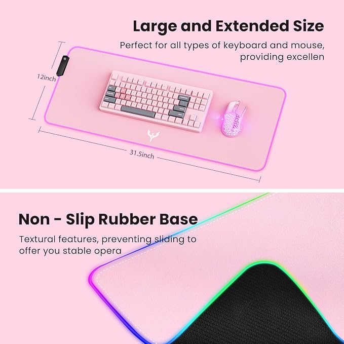 BladeHawks RGB Gaming Mouse Pad Extra Large Extended 31.5x12 Inch-Pink | LED mouse pad with 14 lighting modes, covers keyboard & mouse, anti-slip rubber base, waterproof surface, USB powered - Image 5
