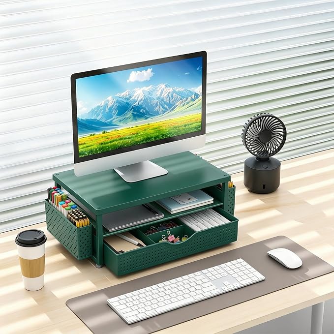 gianotter Desk Organizers and Accessories, Monitor Stand with Drawer and 2 Pen Holder, Desktop Organizer Suitable for Offices and Dormitories (Green-Plain) - Image 7