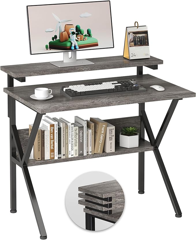 COTUBLR Small Desk, Small Computer Desk for Small Spaces, 27.5 Inch Computer Desk with Adjustable Monitor Stand, Compact Desk with Storage, Tiny Desk Study Desk for Bedroom Home Office, Grey by COTUBLR