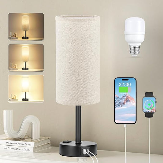Fenmzee Beige Touch Table Lamp for Bedroom - 3 Way Dimmable Bedside Lamp USB C Charging Ports and AC Outlet, Small Lamp with Fabric Shade Black Base for Living Room, Office Desk, LED Bulb Included by Fenmzeelighting