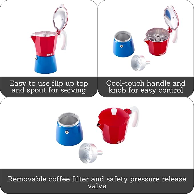 IMUSA 3 Cup Caribbean Cast Aluminum Stovetop Coffee Maker | Bare Cast Aluminum Finish, Cool-Touch White Handle, Ideal for Demitasse, Great for Daily Coffee Moments - Image 2