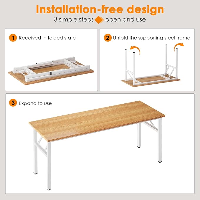 Need Office Computer Desk 54.3 Inch Sturdy Folding Laptop Table Teak | White Frame Writing Gaming Work Table/Foldable Home Office Desk/Sewing Table, No Assembly Required - Image 7