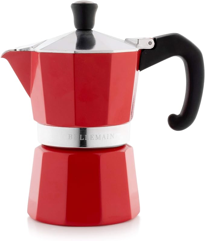 Bellemain Stovetop Espresso Maker, Italian Moka Pot, 3-Cup Red | Classic aluminum design brews rich espresso at home or camping, with an easy-to-use and easy-to-clean design. by Bellemain