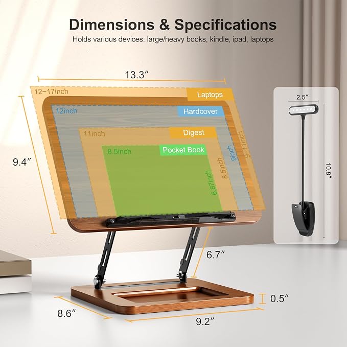 OPTIXCELL Book Stand with Light, Hands Free Book Holder, Gifts Book Lovers | Hands Free, Adjustable Height Angle, Built-in Storage Tray, 3-Mode Reading Light, Foldable Metal Frame, Fits Cookbook Tablet - Image 9