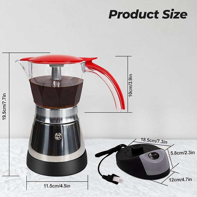 Electric Plastic Clear Moka Pot 3-6 Cup 150-300ml Mocha Pot | Stainless Steel Espresso Maker with Detachable Base Ideal Coffee Maker for Home Italian and Cuban Café Coffeemaker Red - Image 2