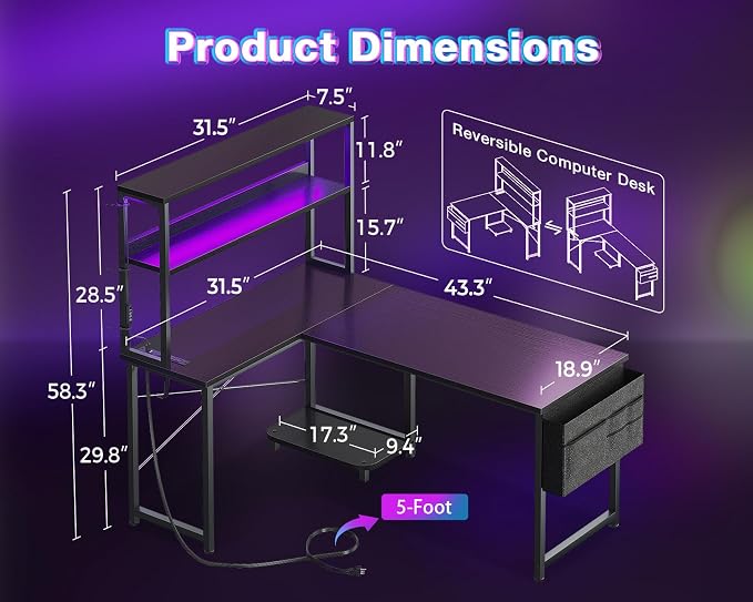 AODK L Shaped Desk Gaming Desk with LED Light & Power Outlet | 43 Inch Black Reversible L Shaped Computer Table with Shelf, Corner Desk with Storage Bag&Hook for Home Office Desk - Image 3