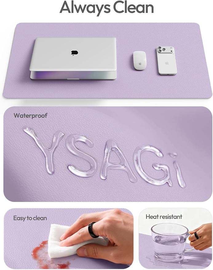 YSAGi Leather Desk Protector, Office Mat, Large Mouse Mat, Non-Slip PU Leather Blotter, Laptop Desk Mat, Waterproof Writing Pad for Office and Home(Light Purple, 63" x 24") - Image 9