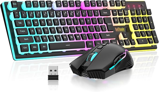 RedThunder K10 Wireless Gaming Keyboard and Mouse Combo, RGB Backlit Rechargeable 3800mAh Battery, Mechanical Feel Anti-ghosting Keyboard with Pudding Keycaps + 7D 3200DPI Mice for PC Gamer (Black) by RedThunder