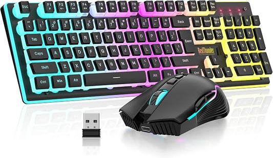 RedThunder K10 Wireless Gaming Keyboard and Mouse Combo, RGB Backlit Rechargeable 3800mAh Battery, Mechanical Feel Anti-ghosting Keyboard with Pudding Keycaps + 7D 3200DPI Mice for PC Gamer (Black) by RedThunder