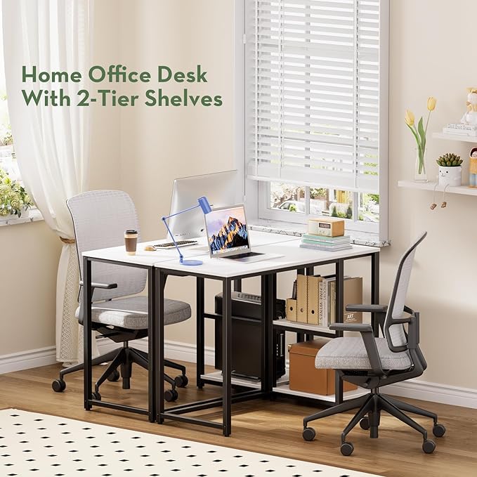 SINPAID 40" Small Computer Desk with Study Shelves for Home Office,White | Easy Assembly Study Desk, Sturdy Writing Desk for Bedroom & Home Office, Cream White - Image 4