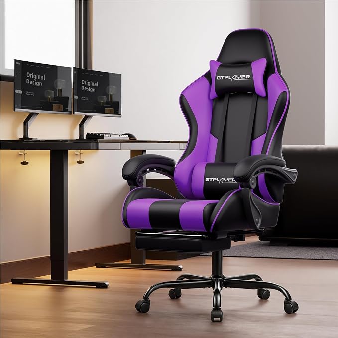 GTPLAYER Gaming Chair, Computer Chair with Footrest and Lumbar Support, Height Adjustable Game Chair with 360°-Swivel Seat and Headrest and for Office or Gaming (Faux Leather, Purple) - Image 2
