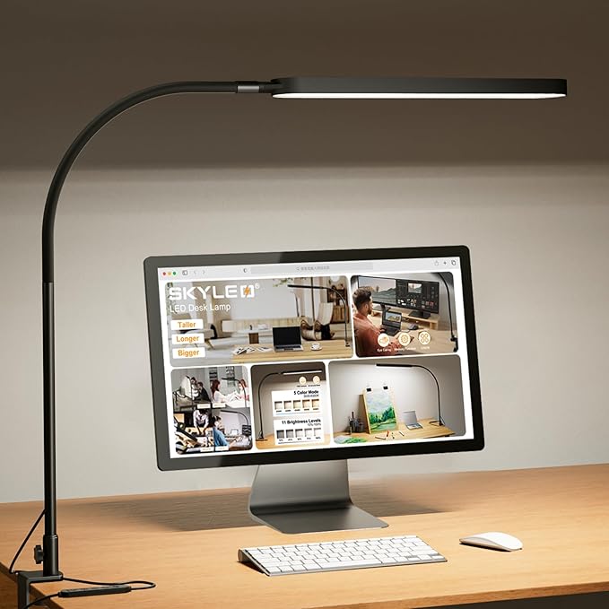 SKYLEO Led Desk Lamp - Desk Light for 33.5" Tall - Flexible Gooseneck - 5 Color Modes X 11 Brightness Levels - 1300LM - Timmer & Memory Function - 12W Clip on Light - Black by SKYLEO