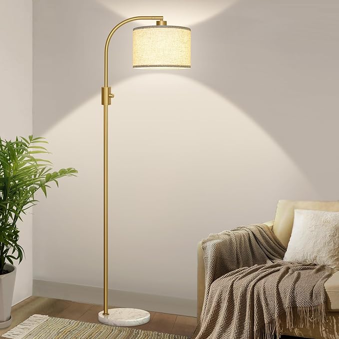 Nintiue Upgraded Modern Arc Dimmable Tall Standing Floor Lamp with Marble Base & Linen Shade, 1200 Lumens LED Bulb Included, for Living & Reading Room, Bedroom, Office & Nursery, Gold by Nintiue