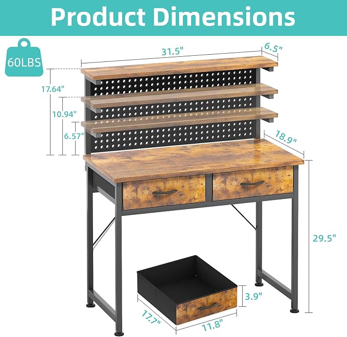 MUTUN Computer Desk with Drawers, 40 Inch Computer Desk with Power Outlet & LED Light, Gaming Desk with Adjustable Monitor Stand & Pegboard, Modern PC Study Writing Table for Bedroom, Rustic Brown - Image 3