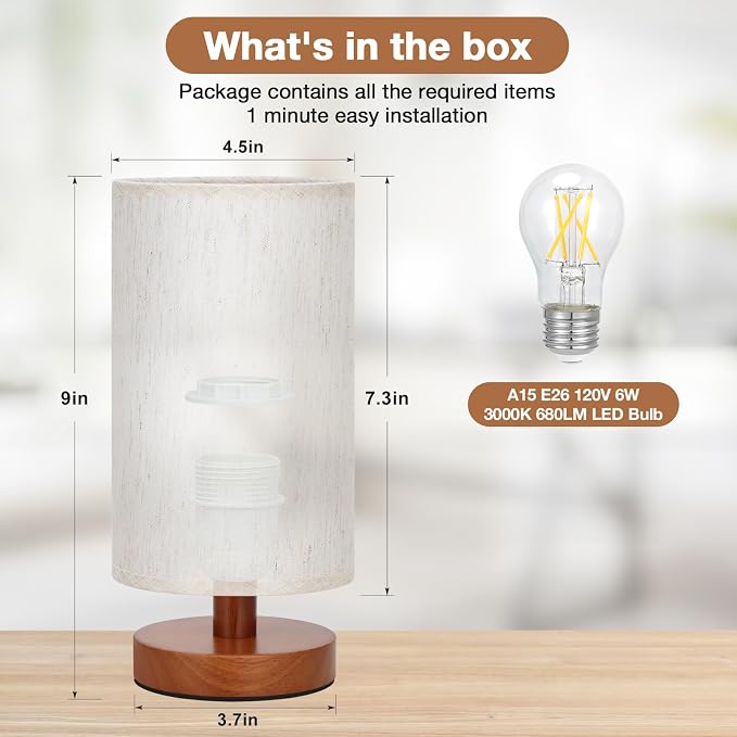 Fenmzee Small Table Lamps (Cream Shade - Walnut Base, 9" Inline Control) | 3000K LED Blub Included | 680 Lumens | Easy Assembly | Minimalist Design | E26 | for Kitchen | for Kids Room - Image 3