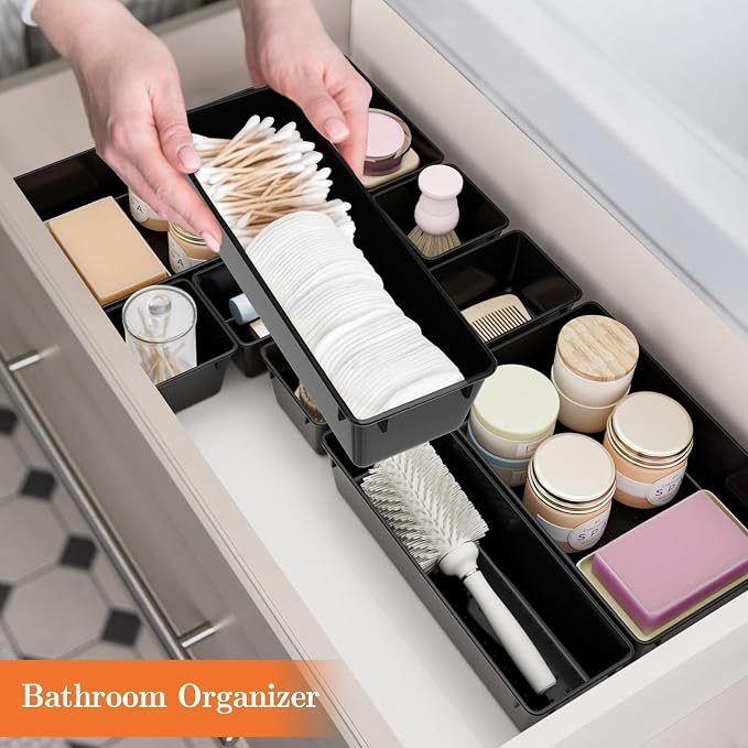 SpaceHacks 25 PCS Plastic Drawer Organizer Set, 4-Size Versatile Organizer Trays & storage Bins for Makeup, Jewelry, and Gadgets in Bathroom, Bedroom and Office, Black - Image 7