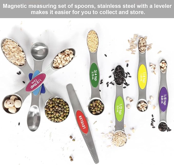 Magnetic Measuring Spoons Set Stainless Steel with Leveler, 8pcs Multicolors Measuring Cups Set for Baking, Measuring Cups and Spoon Set Kitchen Gadgets Apartment Essentials Fits in Spice Jars - Image 3