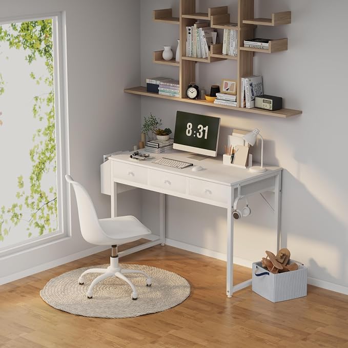 Lufeiya Small White Computer Desk with Drawers for Home Office Bedroom, 40 Inch Vanity Desk with Fabric Drawer Storage and Side Pouch, Study Writing Table, White - Image 2