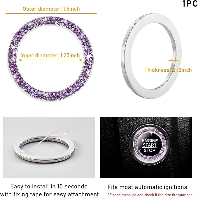 Kewucn Bling Crystal Double Rhinestone Car Engine Start Decoration Ring, Sparkling Push Start Button Sticker, Key Ignition & Knob Ring Decoration, Bling Car Interior Accessory(Purple) - Image 2