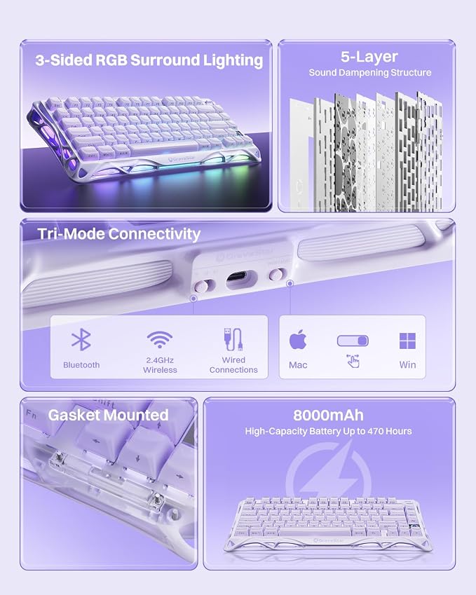 GravaStar Mercury K1 75% Wireless Mechanical Gaming Keyboard RGB Backlit | Gasket Mount, Hot Swappable Linear Switches, Creamy Sound Keyboard, 2.4GHz/USB-C/Bluetooth 5.0, for Win/Mac【Lavender Purple】 - Image 8