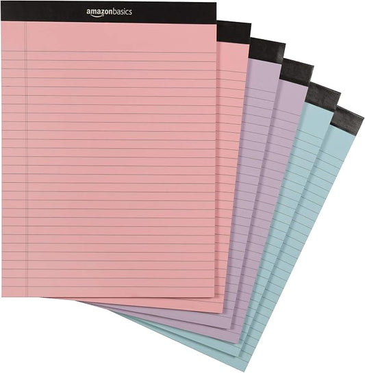 Amazon Basics Wide Ruled Lined Writing Note Pads with Sturdy Back, 8.5" x 11.75", Multicolor, 6-Pack, 300 Sheets, Perforated by AmazonBasics