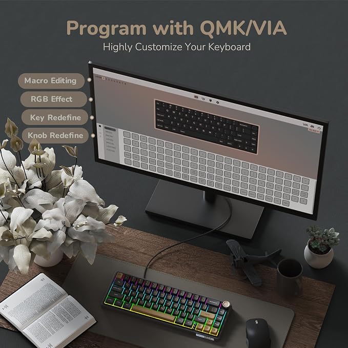 RK ROYAL KLUDGE R65 Wired Gaming Keyboard with Volume Knob, 60% Percent RGB Backlit Mechanical Keyboard Gasket Mount with PBT Keycaps, MDA Profile, QMK/VIA, 66 Keys Hot Swappable Cream Switch, Black - Image 8