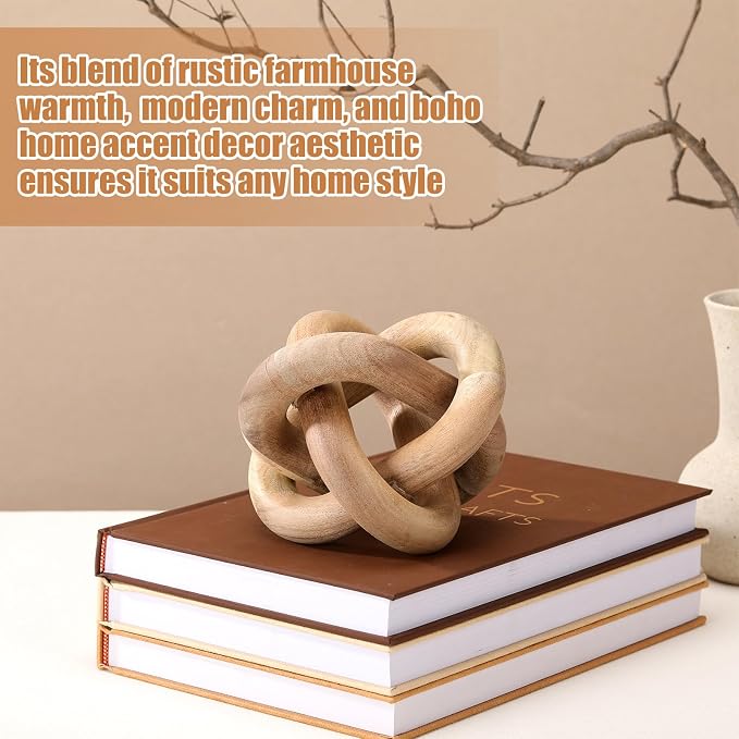 Yalikop 3 Link Wood Knot Decor Rustic Home Décor Accents Hand Carved Coffee Table Decoration, Boho Chain Link Decoration, Modern Shelf, Rustic Objects for Home Living Room Bedroom(Acacia Wood) - Image 4