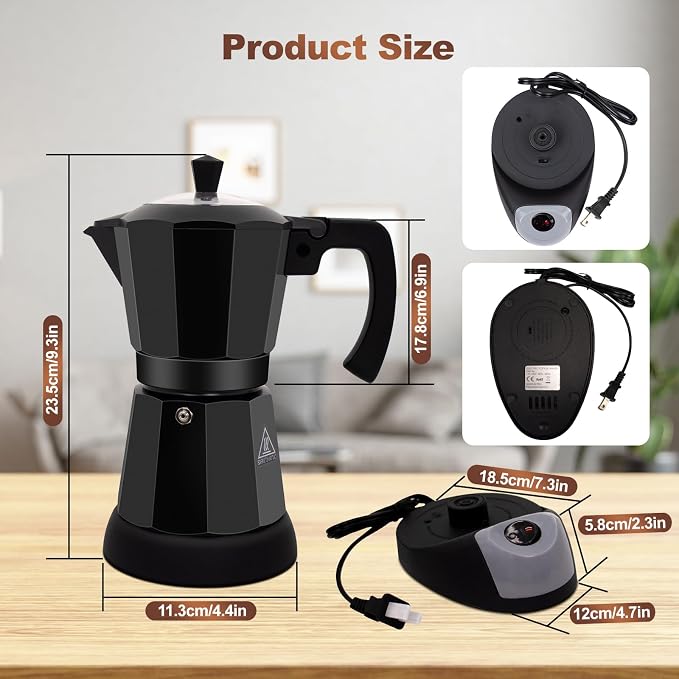 Electric Aluminum Moka Pot 3-6 Cup 150-270ml Espresso Maker | with Detachable Base Ideal Coffee Makers for Home MochaPot Italian and Cuban Café Coffeemaker Espressomaker CoffeePot Black - Image 2