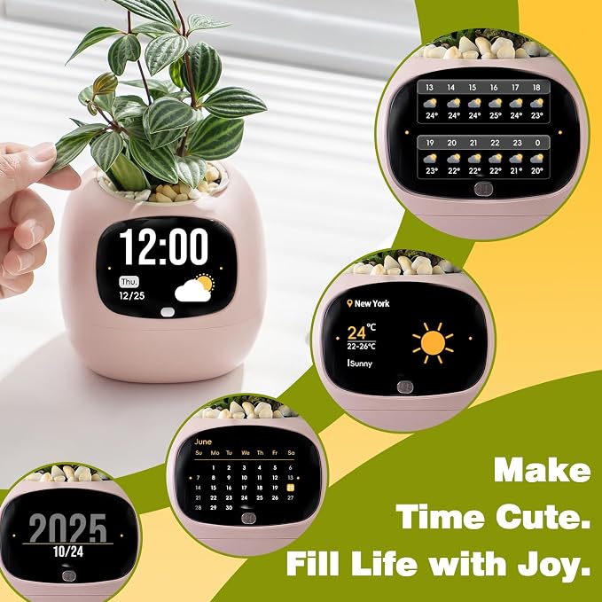 Smart Plant Pot with Visual Display – Soil Moisture, Water Level, Light & Battery Monitor, 80ml Self-Watering Reservoir, Supports 50+ Plants, Pomodoro Timer, Clock & Calendar (Blush) - Image 5