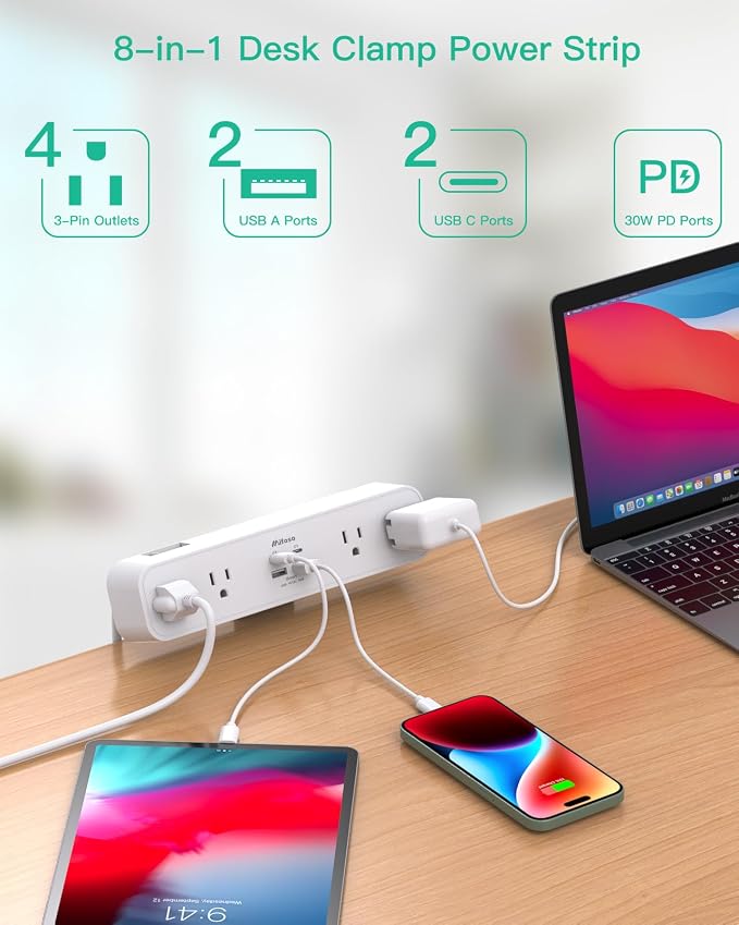 Mifaso PD30W Desk Clamp Power Strip, Surge Protector, Fast Charging Station | 4 Outlets, 4 USB (2 USB C), 5FT Extension Cord, Desk Organizer Gaming Accessories Office Essentials, Fits 1.96" Tabletop Edge - Image 3