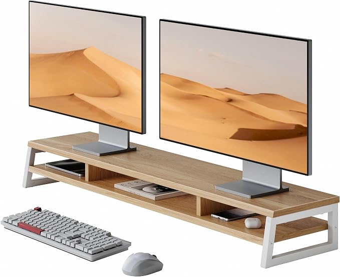 Fenge Dual Monitor Stand for Desk, 42.5in Large Monitor Riser for 2 Monitors, 2 Tier Computer Office Desk Top Shelf, Desktop Storage Stand for Laptop, PC, Computer, Printer by Fenge