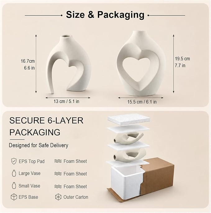 White Ceramic Flower Vase Home Table Decor Heart Shaped Vase Set of 2 | Boho Heart Shaped Minimalist Decorative Vases for coffee Table Centerpiece Wedding Dining Living Room Office House Decoration - Image 2