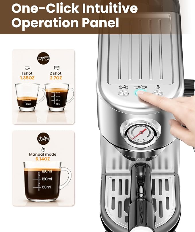 atatix Espresso Machine with Milk Frother, 20 Bar Pressure Espresso Maker | with 44OZ Removable Tank, Compact Stainless Steel Coffee Machine for Home, Office, Latte, Cappuccino, Macchiato, Silver - Image 5