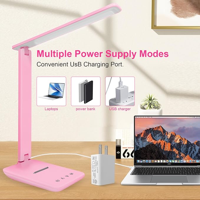 shinelife LED Desk Lamp for Office Home, Bright Desk Light with USB Charging Port, Adjustable Dimmable Desk Lamps 5 Modes 5 Brightness, Touch Study Lamp for Nail, Craft, Puzzle, Sewing, Study, Pink - Image 6