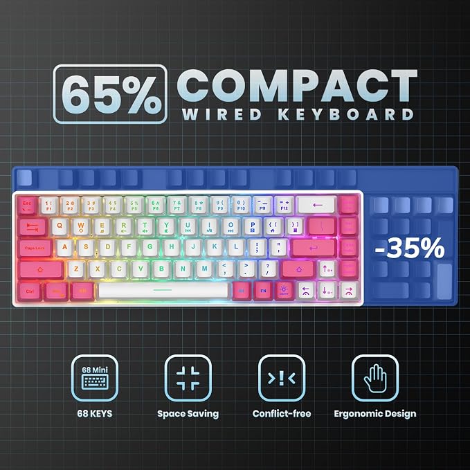 GEODMAER 65% Gaming Keyboard, LED Backlit Mini Wired Keyboard, Ultra-Compact Anti-Ghosting No-Conflict 68 Keys Membrane Gaming Wired Keyboard for PC Laptop Windows Gamer(White-Pink) - Image 4