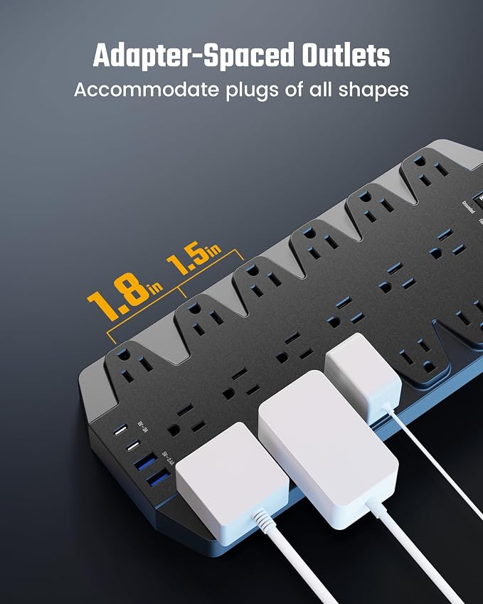 18 Widely Outlets Power Strip, SUPERDANNY Surge Protector with 4 USB Ports, 15FT Flat Plug Heavy Duty Extension Cord, 2100J, 1875W/15A, Wall Mount Holes for Home, Office, Dorm, Black - Image 3