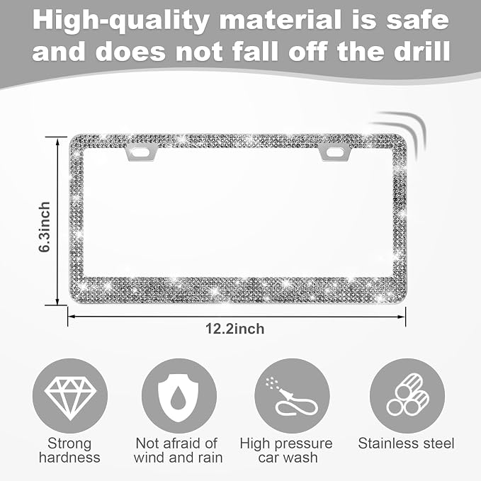 QUANQIUFEI 2 Pack Bling License Plate Frames for Women, Sparkly Rhinestone Diamond Car Accessories with Glitter Crystal Caps (Gilded Black) - Image 3