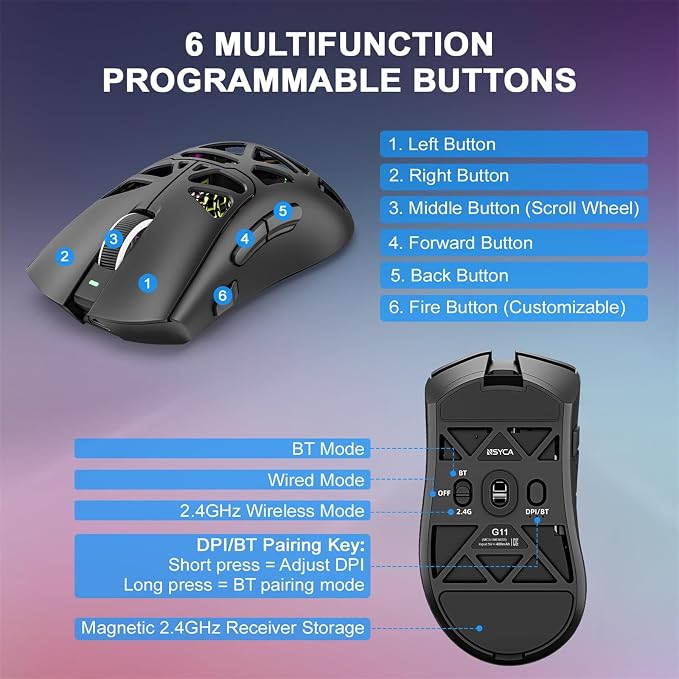 G11 Lightweight Wireless Gaming Mouse for FPS & Competitive Gaming, Tri-Mode Bluetooth 5.1/2.4GHz/USB-C, 22000 DPI RGB Mouse with Programmable Buttons for PC, Laptop & Mac (Black) - Image 5