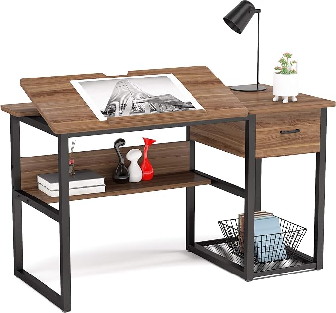 Tribesigns Drafting Table with Storage Drawers, Drawing Computer Desk Artist Craft Table Painting Desk Workstation with Shelves and Tiltable Tabletop for Students, Home Office by Unknown