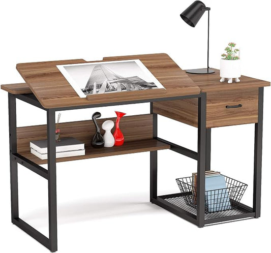 Tribesigns Drafting Table with Storage Drawers, Drawing Computer Desk Artist Craft Table Painting Desk Workstation with Shelves and Tiltable Tabletop for Students, Home Office by Unknown