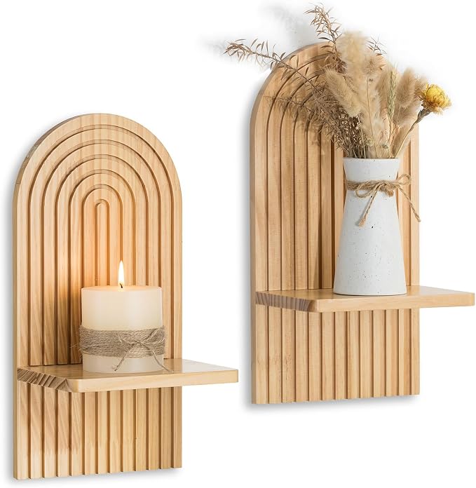 Boho Wall Decor Set of Two: Wood Wall Candle Holder | 3D Arch Design, Natural Minimalist Candle Sconces for Pillar or Plants, for Living Room, Bathroom, Nursery, Bedroom by Walasis