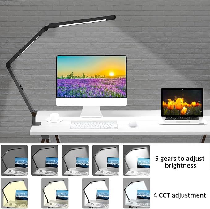 LED Desk Lamp with Clamp, Architect Desk Lamp for Home Office with Remote Control, Swing Arm Clamp on Computer Light, Clip-on Eye-Care Adjustable 5 Brightness Levels Table Light for Working Drafting - Image 5