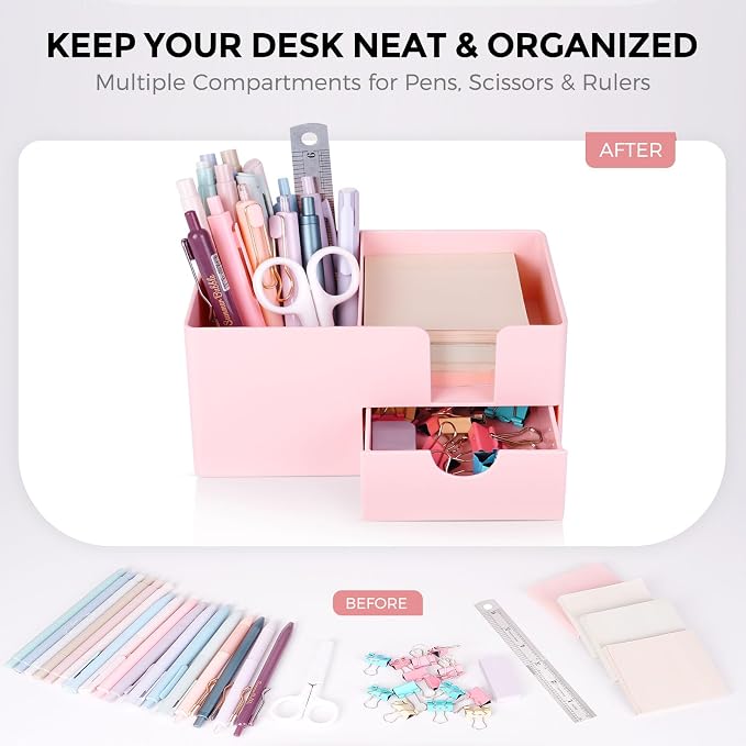 SKYDUE Small Desk Organizer with Drawer | 3 Compartments, Desk Pen Holder, For Home, School, Classroom & Office - Image 6