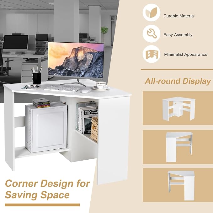 Tangkula White Corner Desk - 90 Degrees Triangle for Computer, Small Space, Bedroom, Makeup Vanity Desk with Storage Shelves & CPU Stand, Space Saving Writing Desk - Image 5